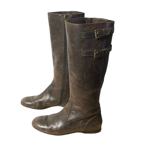 Enzo Angiolini Brown Leather Flat Riding Boots Zipper Distressed Size 9 - Picture 1 of 12